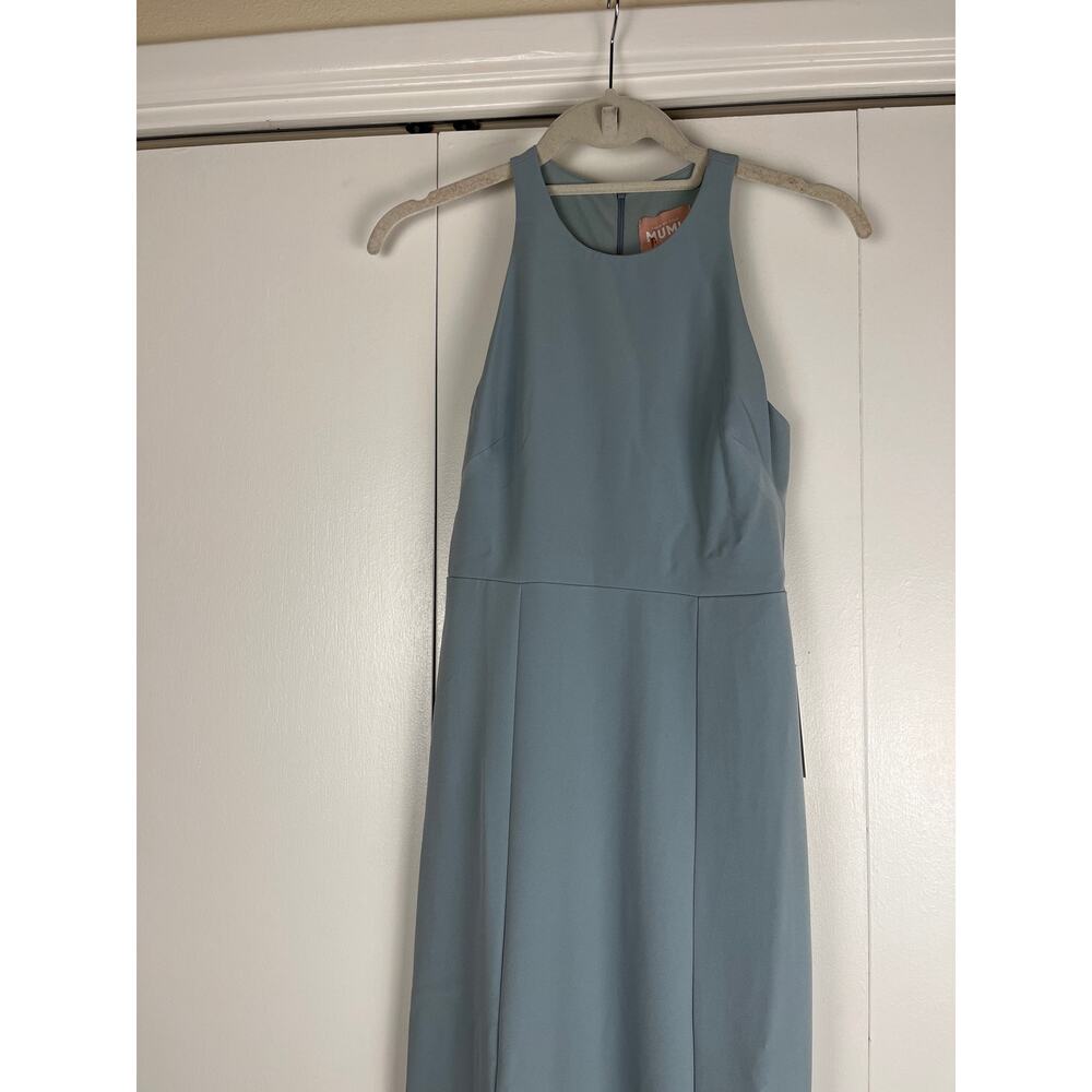 MuMu Chicago Hi Neck Maxi Dress Silver Sage Stretch Crepe Fishtail Gown Bridal